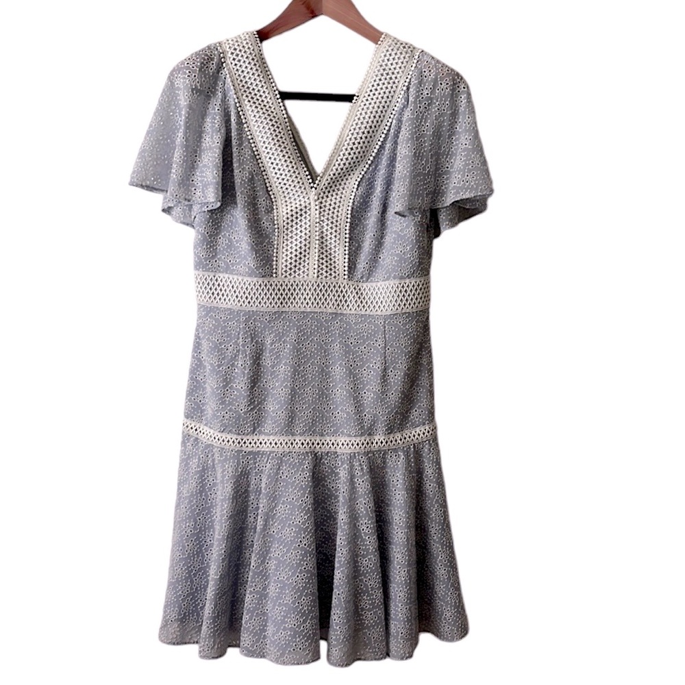 Gianni Bini Alice Lace Mini V Neck Eyelet Dress In Blue and White